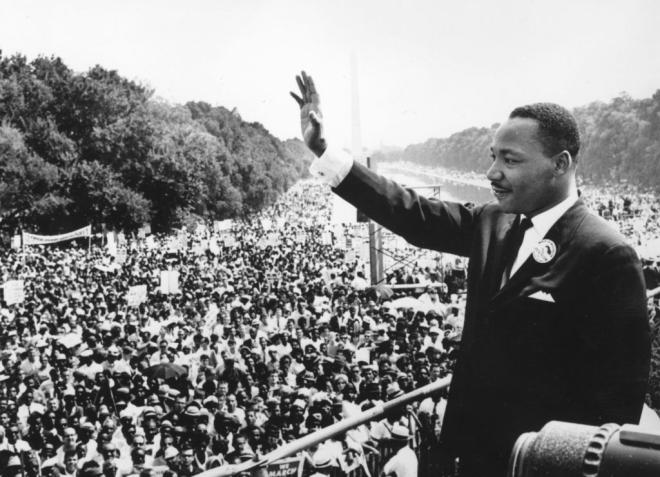Martin Luther King Jr. waving to the crowd at the March on Washington in 1963. AFP via Getty Images.